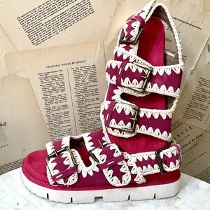 Free People Mou Bio Buckle Slingback Sandal Pink Suede Ivory Crochet